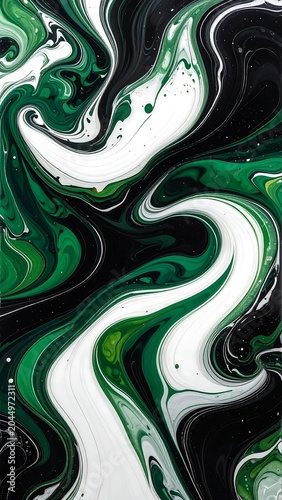 A swirling abstract art piece with shades of green, black, and white