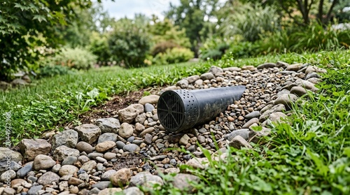 Drainage pipe on rocky path in landscaped garden with greenery, French drain outlet  