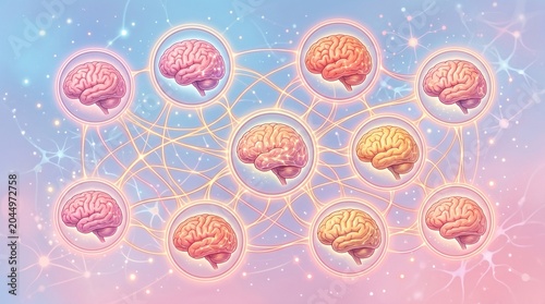 Conceptual illustration of interconnected human brains forming