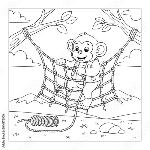 Photography Cute monkey coloring page swinging on a rope net between trees with mountains an