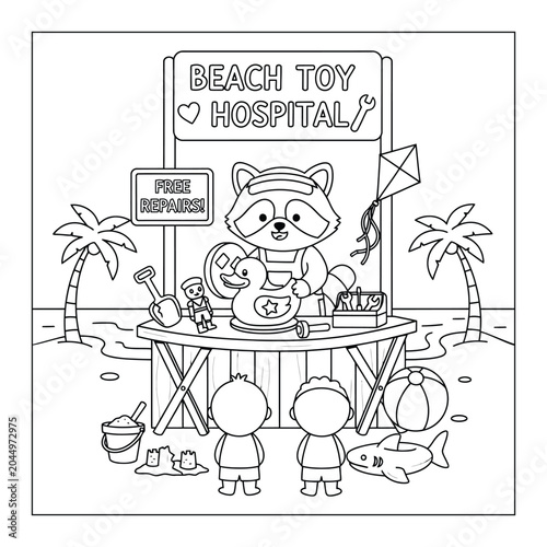 Schilderij op canvas Cute raccoon coloring page running a beach toy hospital with free repairs for ki