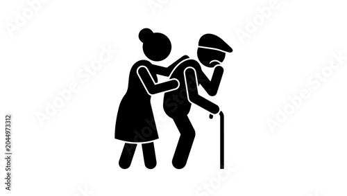 Elderly Wife Assisting Sick Husband Flat Vector Icon on Transparent Background, elder care, senior care, elderly couple, senior couple, caregiving, caregiver, wife helping husband, family support, 