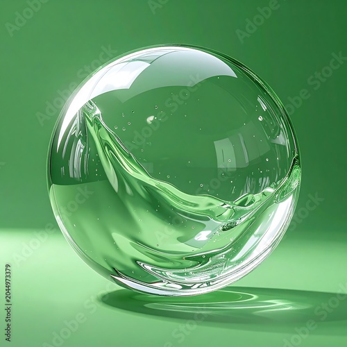 A transparent glass sphere with reflections on a green background
