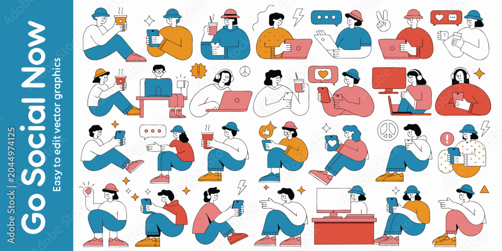 Fototapeta premium Modern social media lifestyle illustrations featuring people using mobile devices and digital tech
