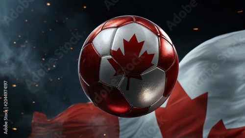 Cinematic vision of a glossy Canadian soccer ball, full of national pride, setting the stage for WORLD CUP 2026 in CANADA with thrilling athletic spirit