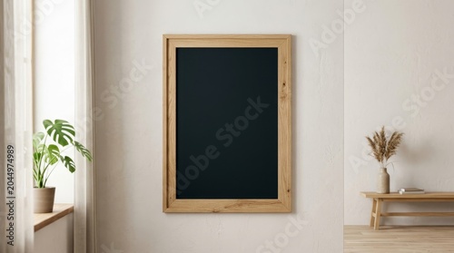 Elegant Minimalist Interior Mockup Featuring A Large Wooden Frame Styled In A Bright Japandi Living Room