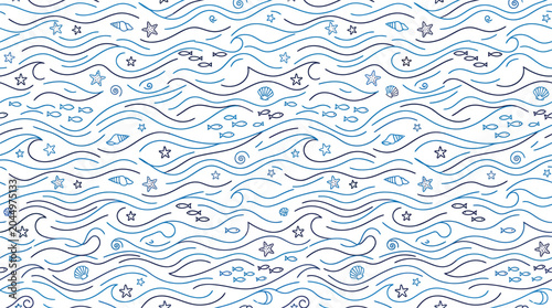 Seamless ocean pattern with hand drawn waves fish seashells and starfish for nautical textile design vector illustration