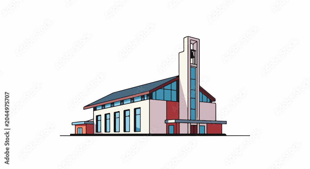 Fototapeta premium Modern church with bell tower and glass windows on white background