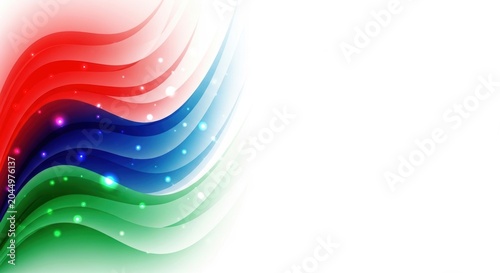 Abstract flowing waves in red blue and green with sparkling lights on white background