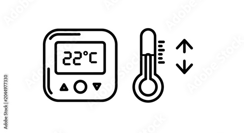 Digital thermostat displaying 22 degrees celsius with adjustable temperature control and thermometer icon home automation smart home energy efficiency
