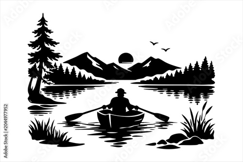 Canvas Print Silhouette illustration of a man rowing a boat on a calm mountain lake with moun
