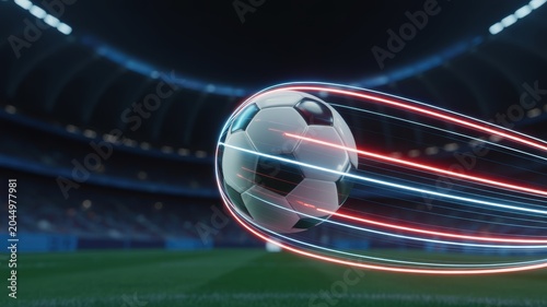 Soccer ball with motion trails during a stadium match with dramatic lighting