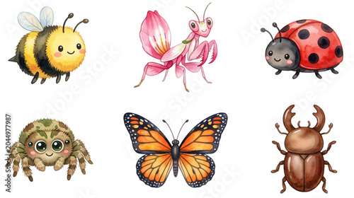 cute cartoon insects bee butterfly and beetle watercolor clipart set
