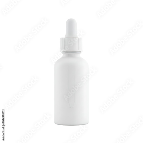 Clean white dropper bottle with white cap and blank label, isolated on transparent background for serums or oils.