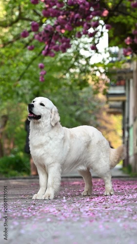 Golden retriever dog standing among fallen petals under flowering ornamental trees in spring. Beautiful outdoor portrait in a colorful garden setting