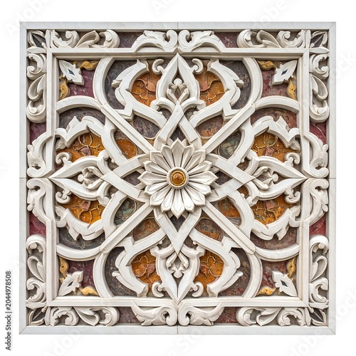 A square decorative tile with intricate white floral patterns and orange accents