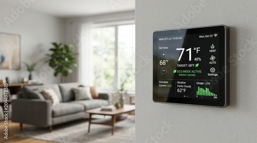 Modern Smart Thermostat Display Mounted On Wall In Cozy Living Room