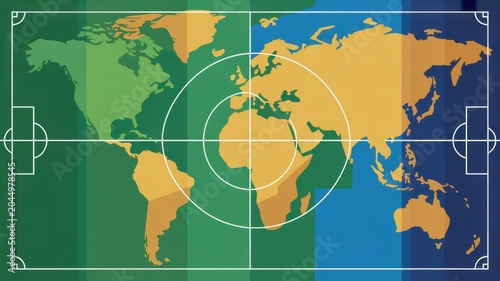 World map divided in two halves with soccer fields overlayed during nighttime and daytime concept