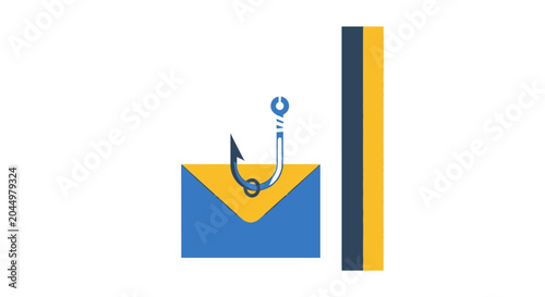 Phishing Email Scam Vector Illustration: Fishing Hook Catching an Envelope, Representing Cybersecurity Threats and Data Theft Fraud