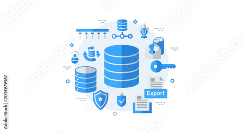 Database Management and Data Security Flat Illustration with Server Icons, Network Protection, Cloud Storage, and Information Backup Graphics for Enterprise IT Infrastructure