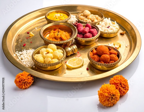 A traditional Indian thali with various sweet and savory offerings