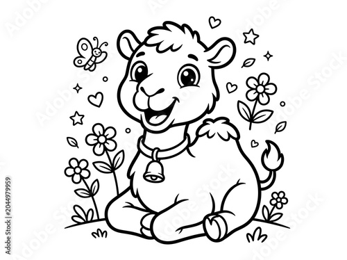 Cute cartoon calf sitting in flowers and stars smiling sweetly outdoors