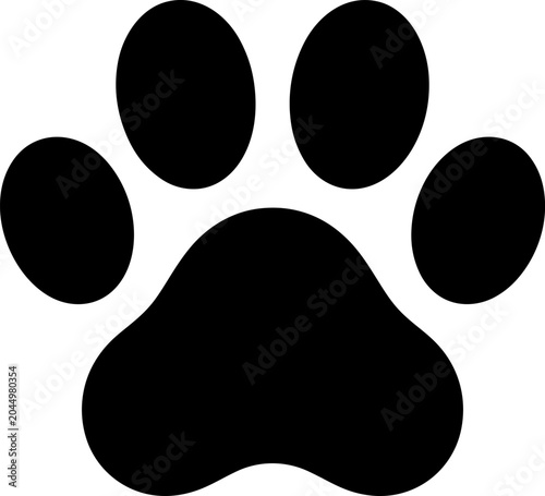 Bilde på lerret Black animal paw print silhouette icon with four toe pads and rounded central pad, isolated on white background