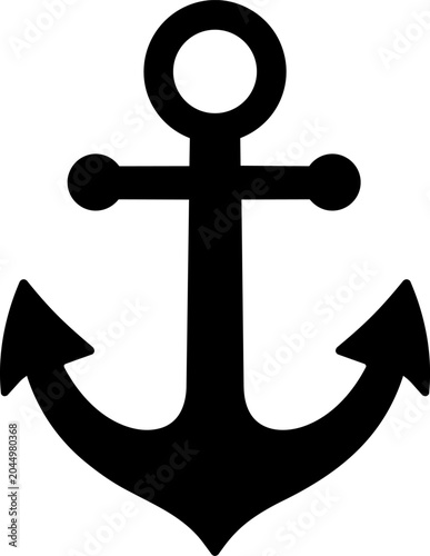 Obraz na płótnie Black ship anchor silhouette icon with round top ring, crossbar, curved arms, and pointed flukes, isolated on white background