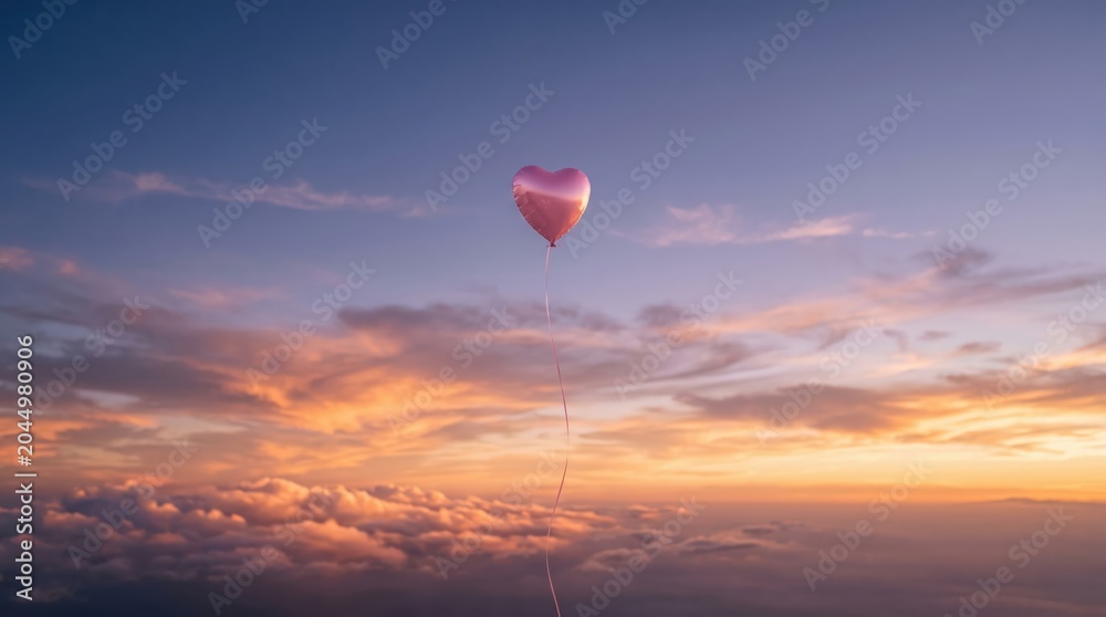 Fototapeta premium Heart shaped balloon floating above clouds at sunset. single pink helium balloon drifting skyward over layered cloudscape, warm pastel light and tranquil dusk atmosphere.