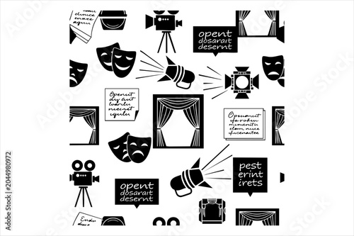 Fotografie Collection of theatrical arts icons including movie cameras lights drama masks a