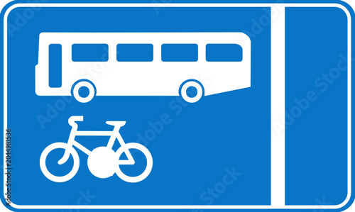 Traffic sign displays a rectangular blue board with white bus and bicycle graphics to designate shared public transit and cycle routes.