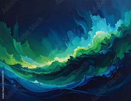 A vibrant, abstract depiction of ocean waves with swirling green, blue, and yellow hues