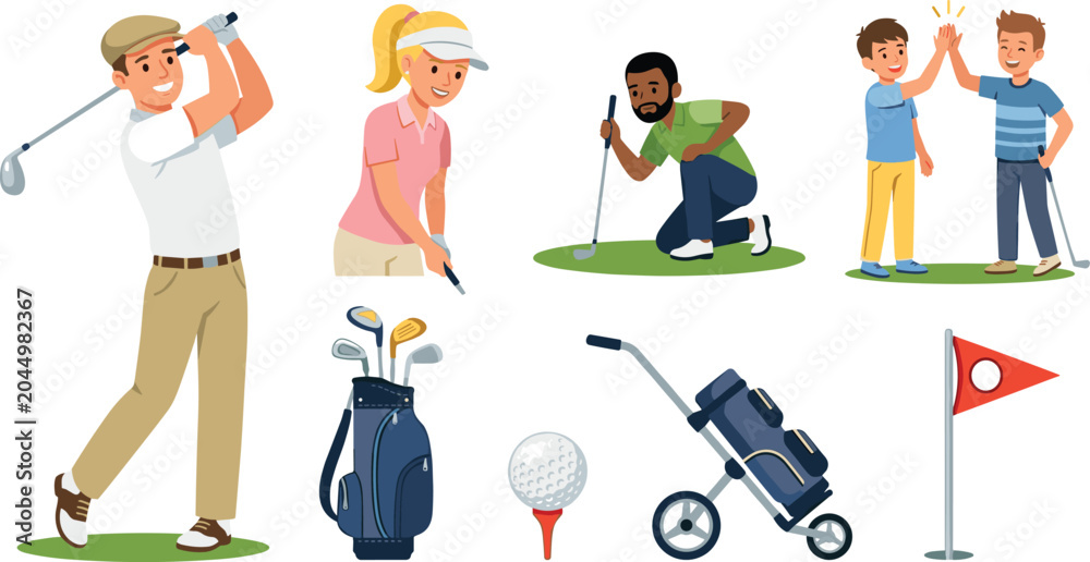Fototapeta premium Diverse People Playing Golf Vector Character Set with Men Women and Kids Swinging Putter Club Bag Cart Ball Tee and Flag Graphic Designs