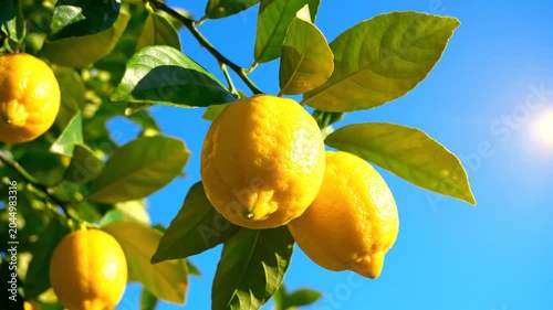 Close-up of ripe yellow lemons hanging from green leafy branches of a citrus tree against a clear blue sky background on a sunny day in a Mediterranean fruit orchard garden.
