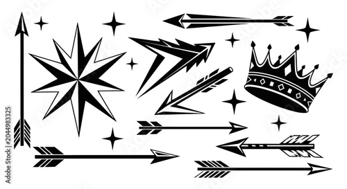 Εκτύπωση καμβά Black Silhouette Collection of Arrows, Stars and Crown.