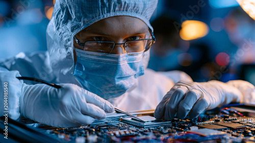 Cleanroom optics assembly technician bonding laser component elements inside vibration isolated enclosure, ultra precision photonics manufacturing environment, controlled contamination free producti