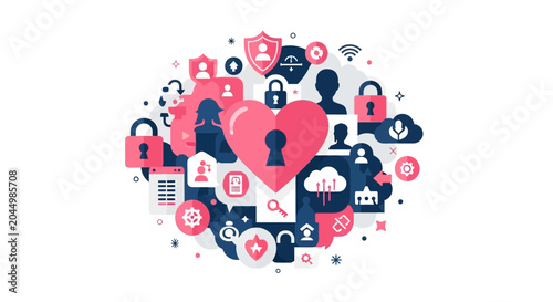 Abstract Cybersecurity and Digital Privacy Concept Illustration Featuring Heart Lock, Padlocks, and Security Icons for Personal Data Protection