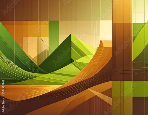 Abstract geometric artwork featuring intersecting green and orange shapes