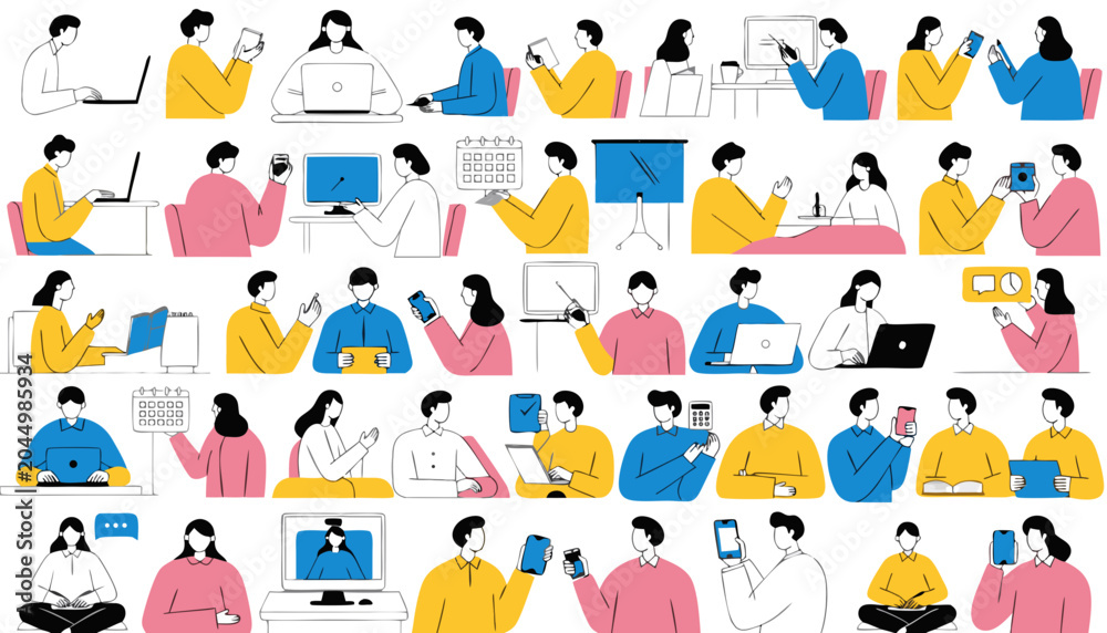 Fototapeta premium Office professionals and students busy with daily work tasks and digital device usage set.