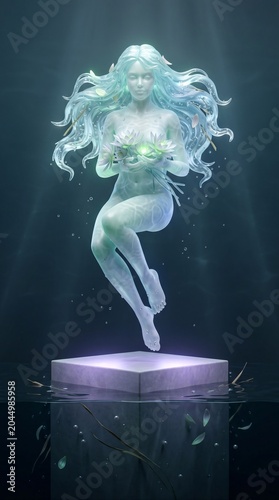 Celestial River Crystal Glass Naiad Guardian Of Fresh Springs Of Aegea Levitate Above Sunken Pedestal