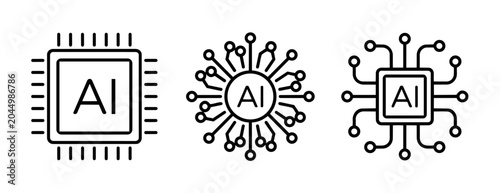Artificial intelligence concept icons with ai chip microchip and circuit board elements on white background with black lines and minimalist design