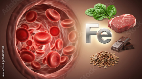 Iron nutrition concept showing red blood cells, Fe symbol, spinach, beef, chocolate and grains as sources for healthy blood.