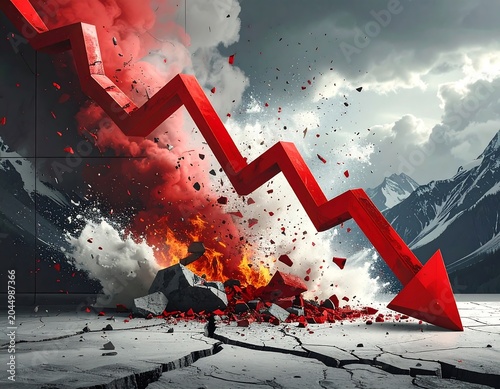 A dramatic scene of a large red arrow crashing down through a fiery explosion amidst a cracked landscape with mountains