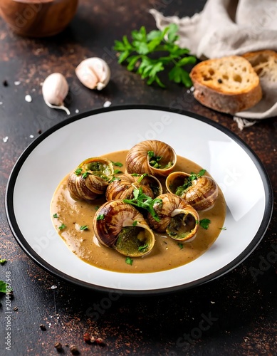 Savory Baked Snails Served in Creamy Herb Sauce on White Plate with Rustic Table Setting