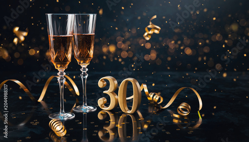 Elegant 30th birthday celebration composition with champagne glasses, golden number thirty decoration and sparkling festive lights on a luxurious dark background.