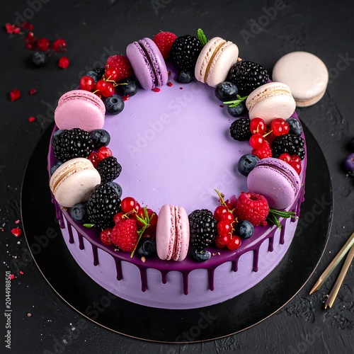 Vibrant Purple Berry Cake Decorated with Macarons on Dark Background