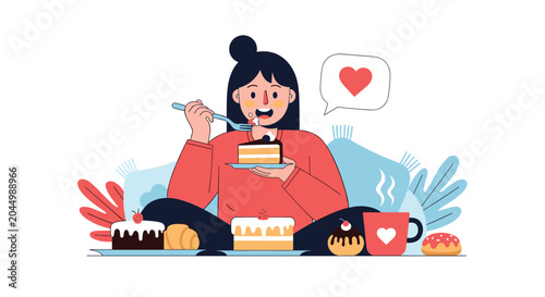 Young woman enjoying variety of cakes and sweets at home, illustrating emotional eating, dessert lover, and self-care indulgence moments.