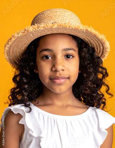 A young girl with curly dark hair and a warm smile wearing a straw hat and white top against a vibrant yellow background