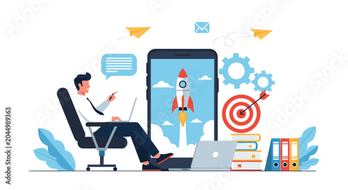 Ambitious businessman working on his laptop as a rocket launches from his smartphone representing a fast-growing startup enterprise.