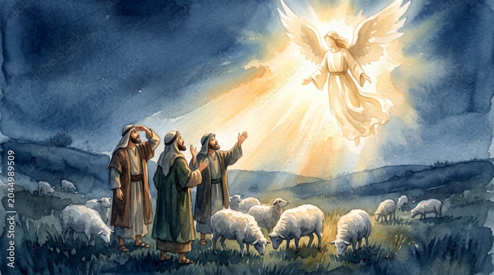 Obraz premium Angel appearing to shepherds in field with sheep. Biblical nativity scene depicting the announcement of birth of Jesus. Religious Christmas narrative illustration, watercolor art style.